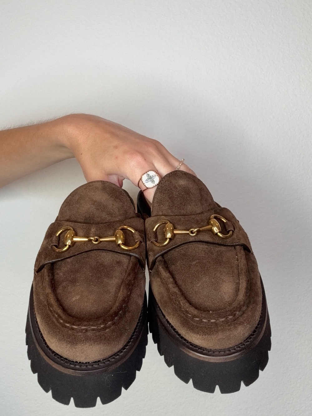 Gucci Brown Suede Lug Sole Mule Loafers with Gold Bit - Picture 3 of 4